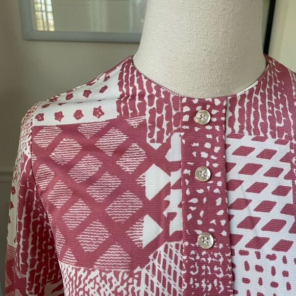 Vintage 70s Mauve Pink White Retro Print Shift Dress Scarf XS S - Picture 3 of 10